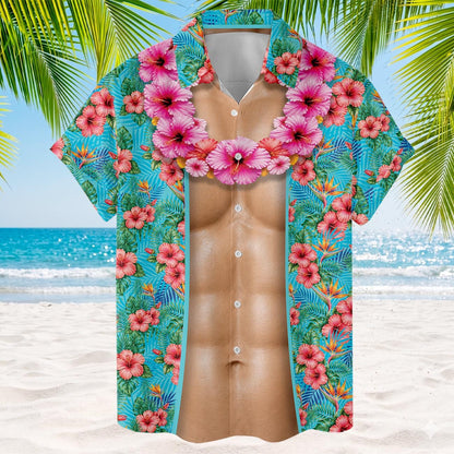 Close front view of tropical floral Hawaiian shirt with button details and muscle torso graphic