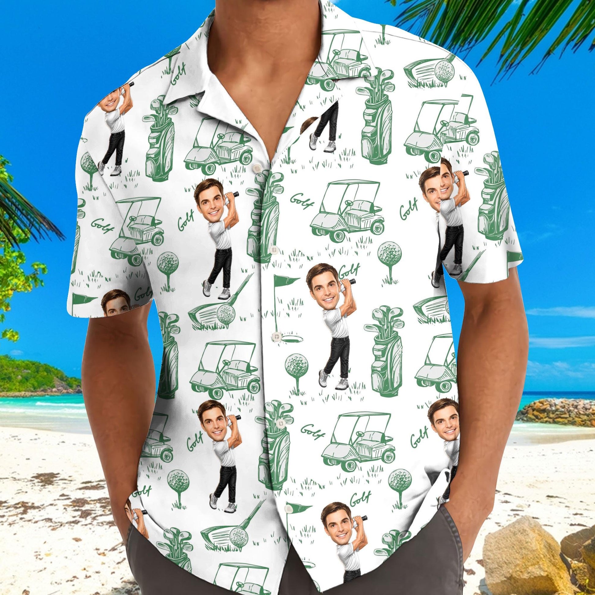 Model wearing golf-themed Hawaiian shirt on a tropical beach