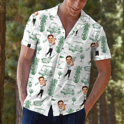 Model wearing a white golf character Hawaiian shirt with an allover green golf print