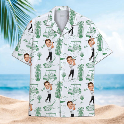 Front view of white golf character Hawaiian shirt with green golf-themed print