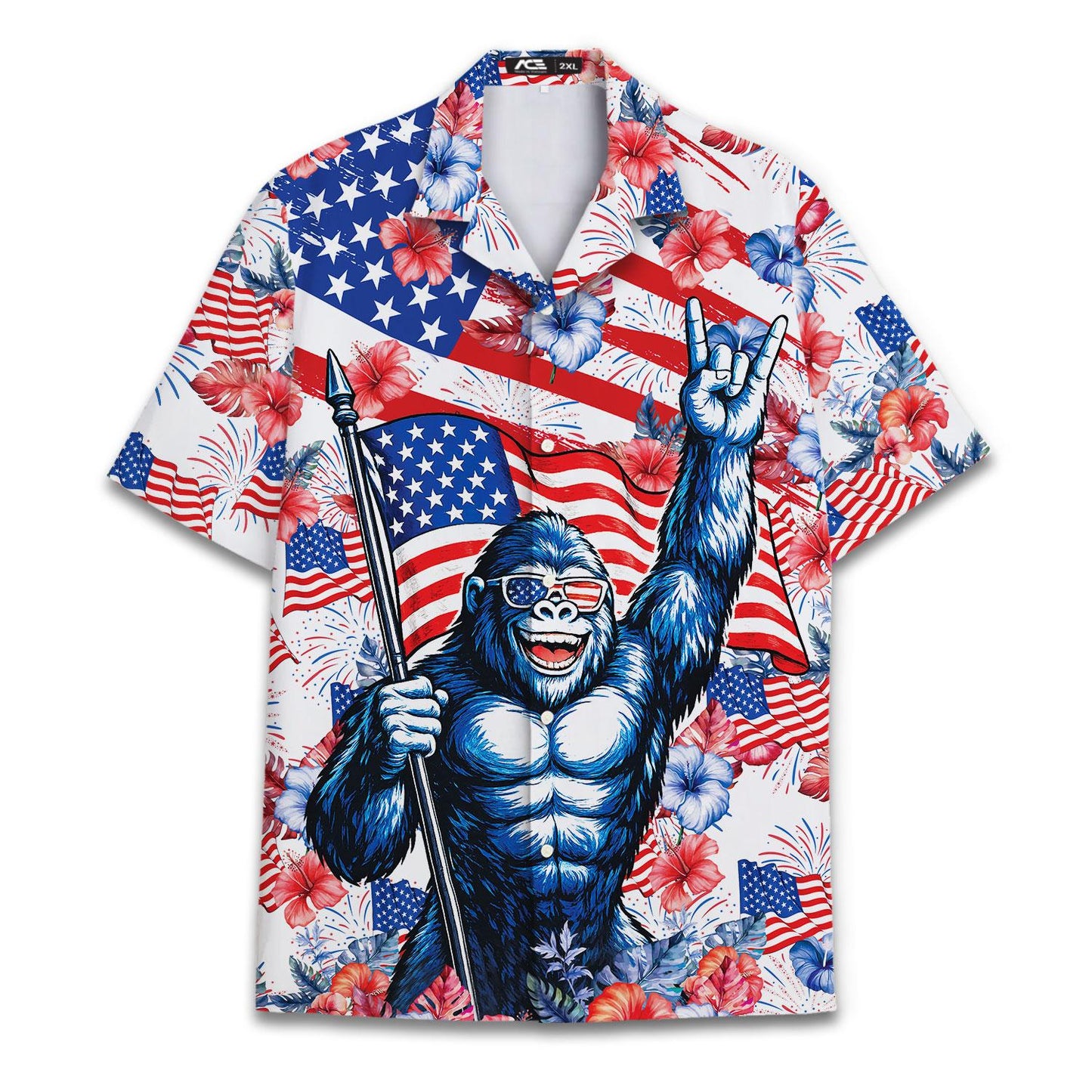 Back view of American flag gorilla Hawaiian shirt with tropical flowers