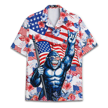 Back view of American flag gorilla Hawaiian shirt with tropical flowers