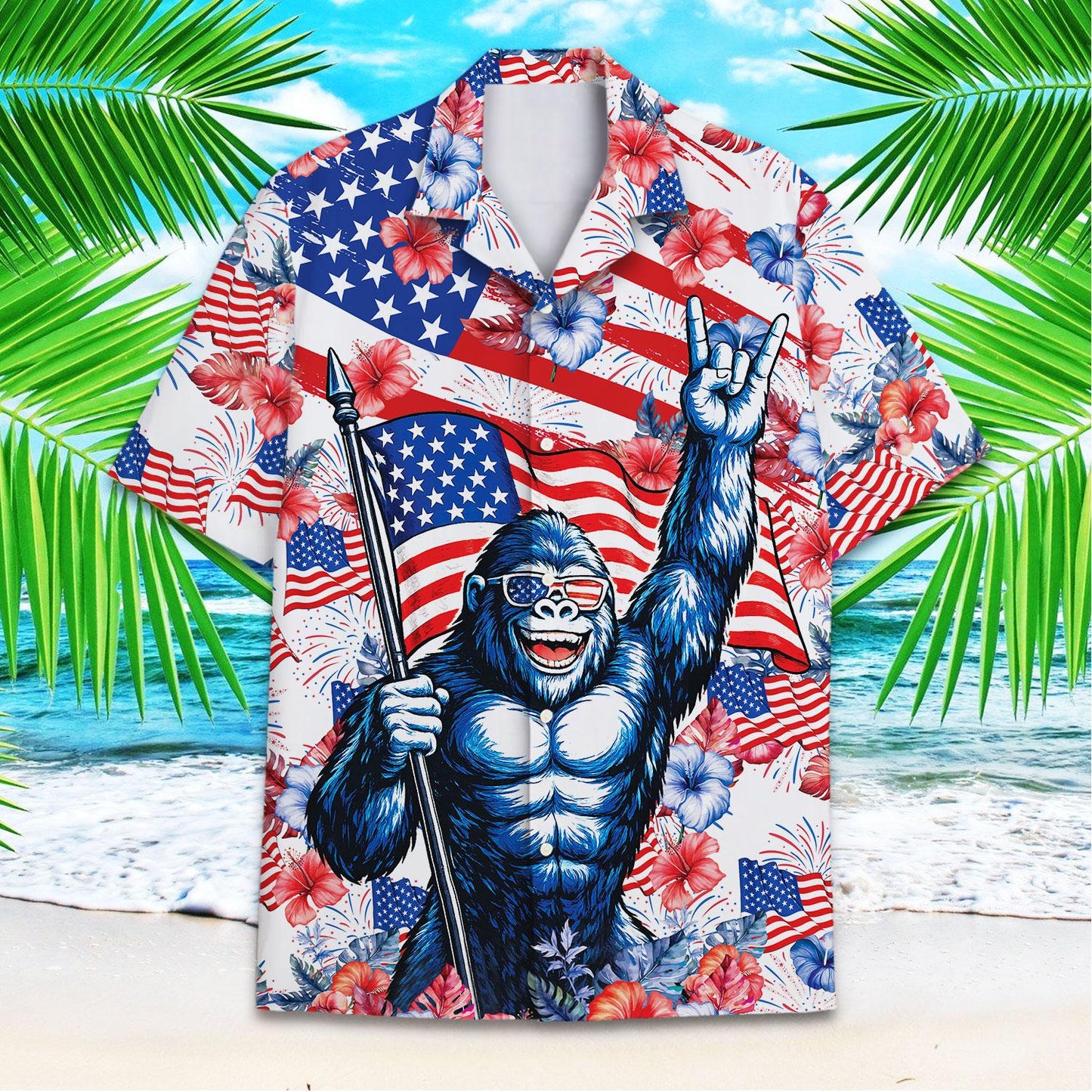 American flag gorilla Hawaiian shirt with red and blue hibiscus flowers