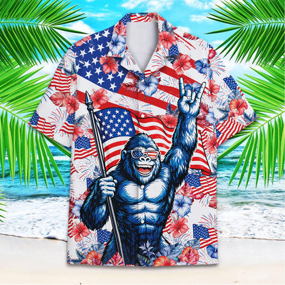 American flag gorilla Hawaiian shirt with red and blue hibiscus flowers