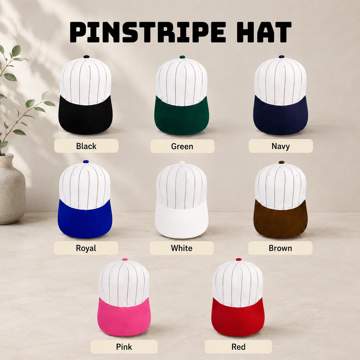 Pinstripe baseball hat color options shown in black green navy royal white brown pink and red