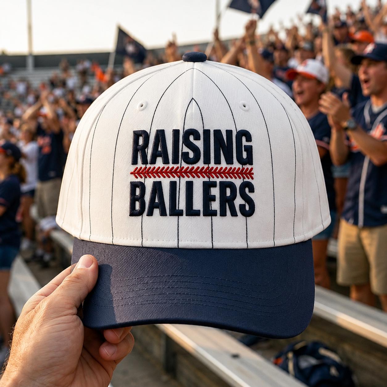 White and navy Raising Ballers embroidered baseball hat with pinstripes