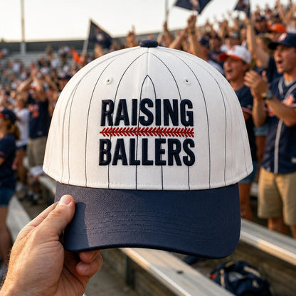 White and navy Raising Ballers embroidered baseball hat with pinstripes