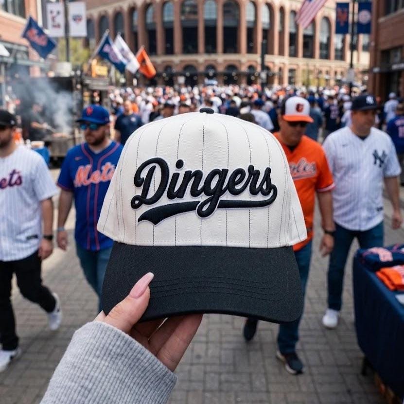 Embroidered Dingers pinstripe baseball hat shown at a baseball fan event