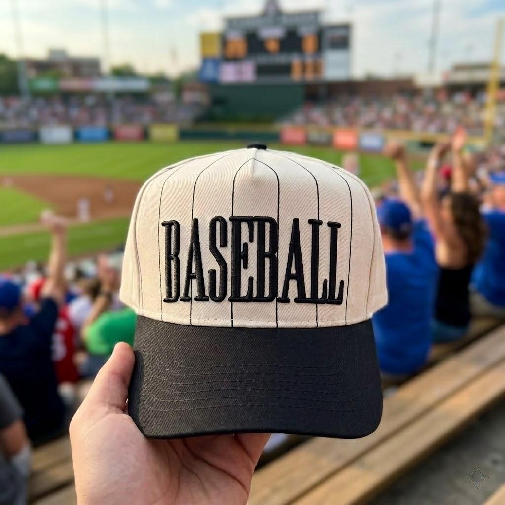Pinstripe baseball hat with black brim and bold BASEBALL lettering at a ballpark