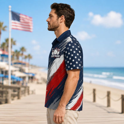 Side view of the short-sleeve patriotic bowling Hawaiian shirt