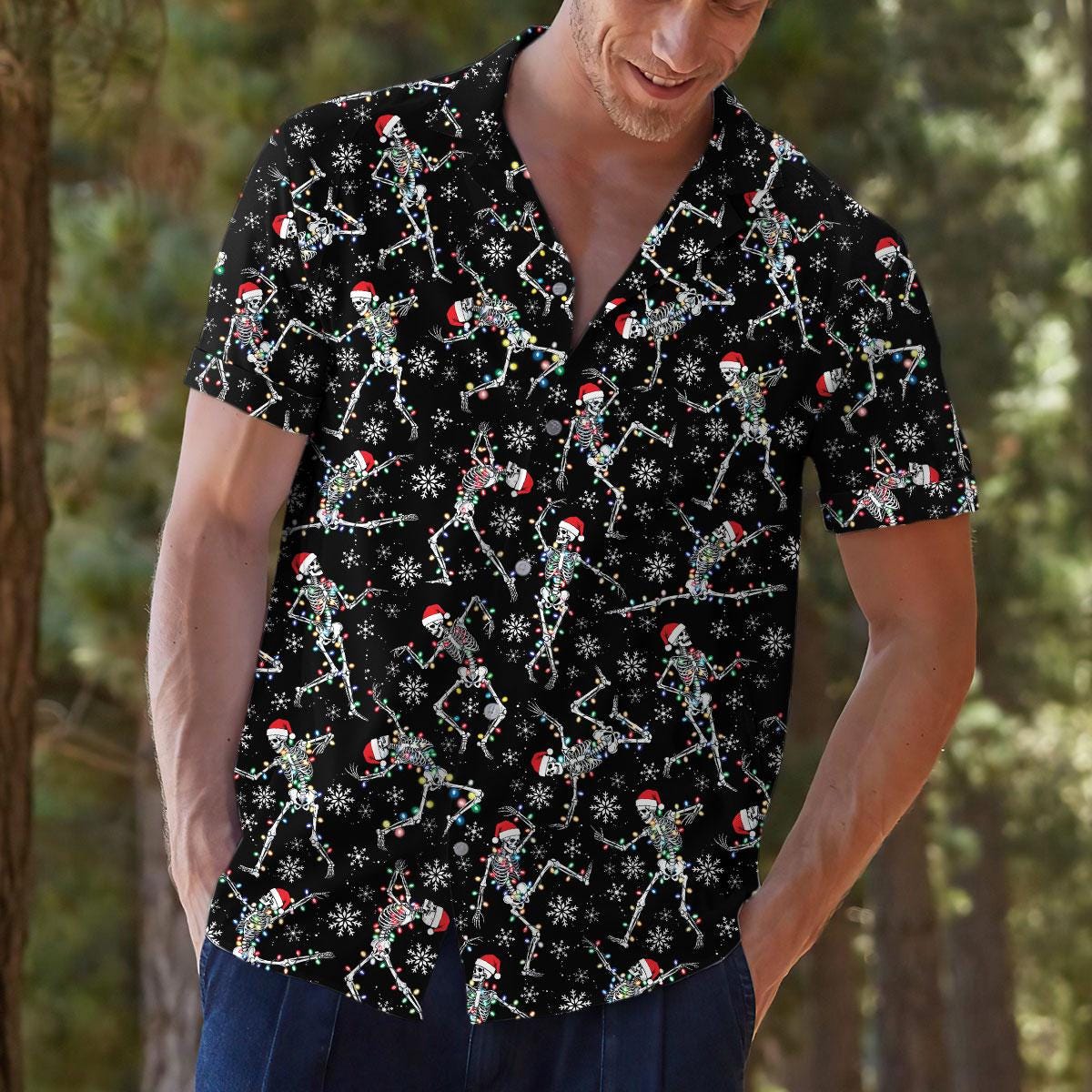 Model wearing a short-sleeve skeleton Santa Hawaiian shirt