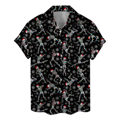 Flat lay view of black Christmas skeleton Hawaiian shirt
