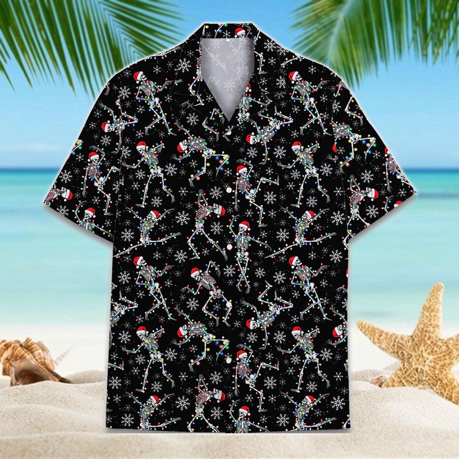 Black Hawaiian shirt with colorful skeleton Santa pattern and snowflakes