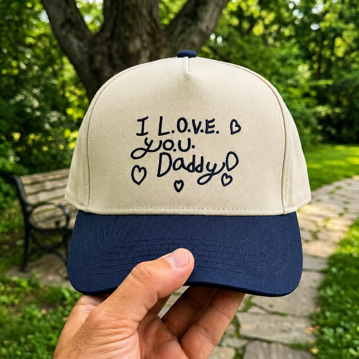 Cream and navy two-tone trucker cap with embroidered-style I Love You Daddy lettering and heart accents outdoors