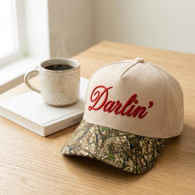 Darlin' embroidered camouflage brim hat displayed on a wooden table beside coffee
