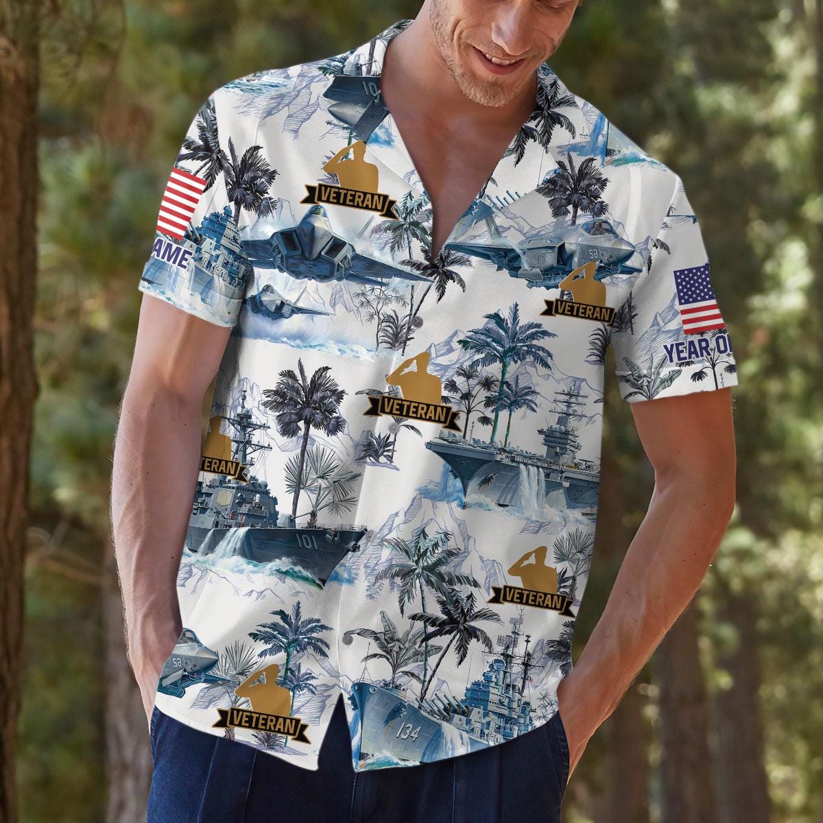 Model wearing a veteran-themed military Hawaiian shirt outdoors