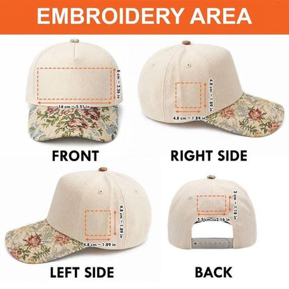 Embroidery area diagram showing front, side, and back placement on the floral brim hat