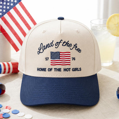 Front view of patriotic trucker cap featuring 1776 details and Home of the Hot Girls embroidery