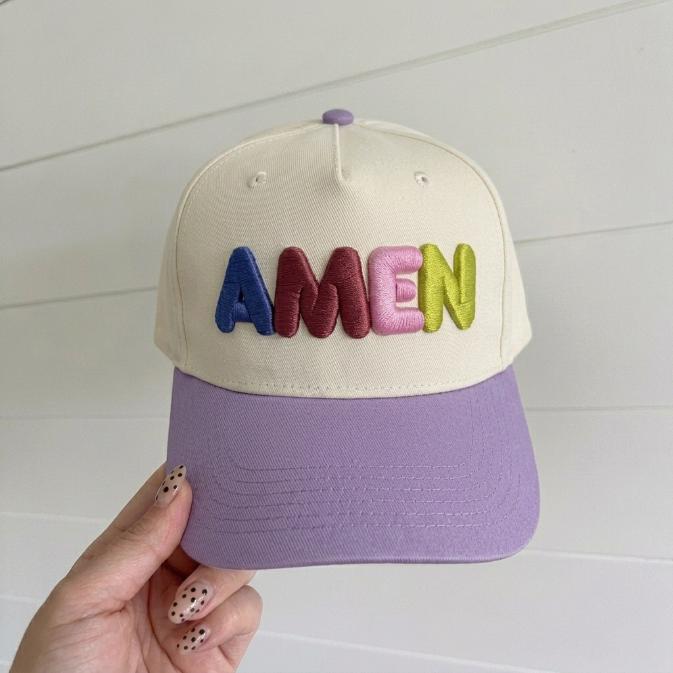 Cream and lavender two-tone cap with raised multicolor AMEN embroidery