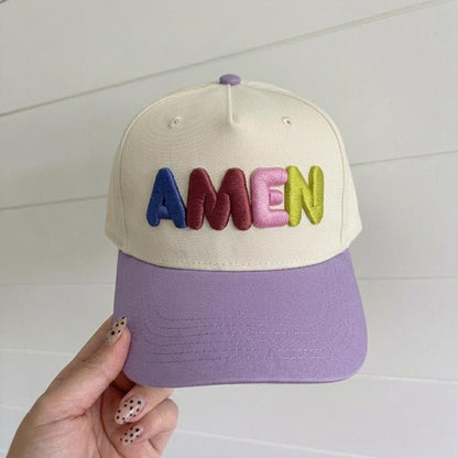 Cream and lavender two-tone cap with raised multicolor AMEN embroidery