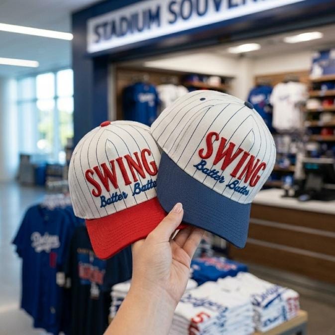 Two SWING Batter Batter pinstripe hats held in a stadium souvenir shop, featuring red and navy contrasting brims.