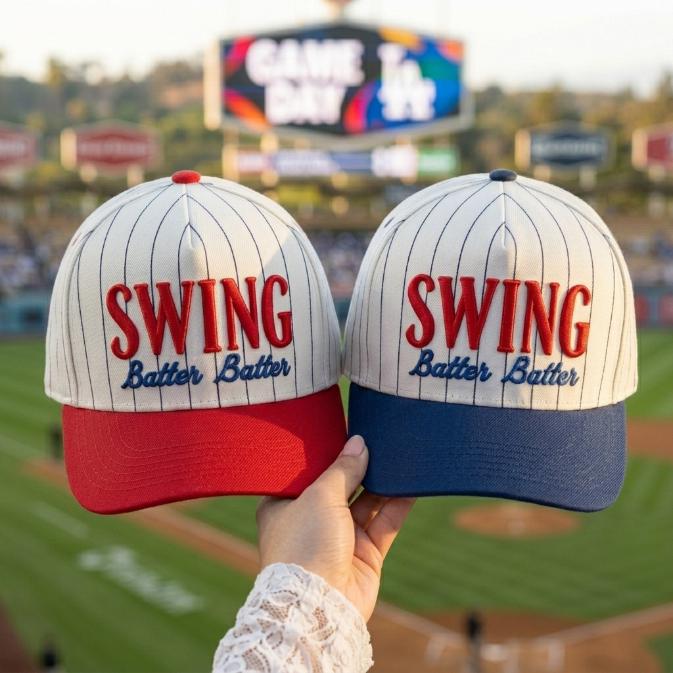 Two white pinstripe baseball hats with embroidered SWING Batter Batter lettering, shown with red and navy brims at a baseball field.