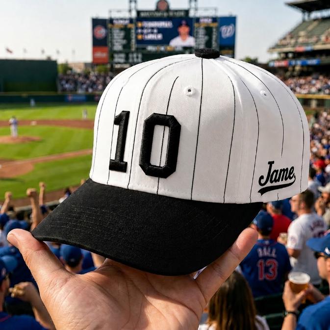 White pinstripe baseball hat with black number 10 and black bill held at a baseball stadium
