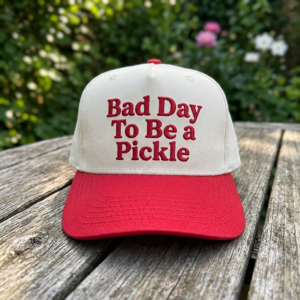 Two-tone pickle phrase trucker hat displayed outdoors on a wooden table