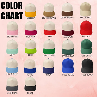 Hat color chart showing crown and brim combinations including light blue, royal, navy, red, pink, and green