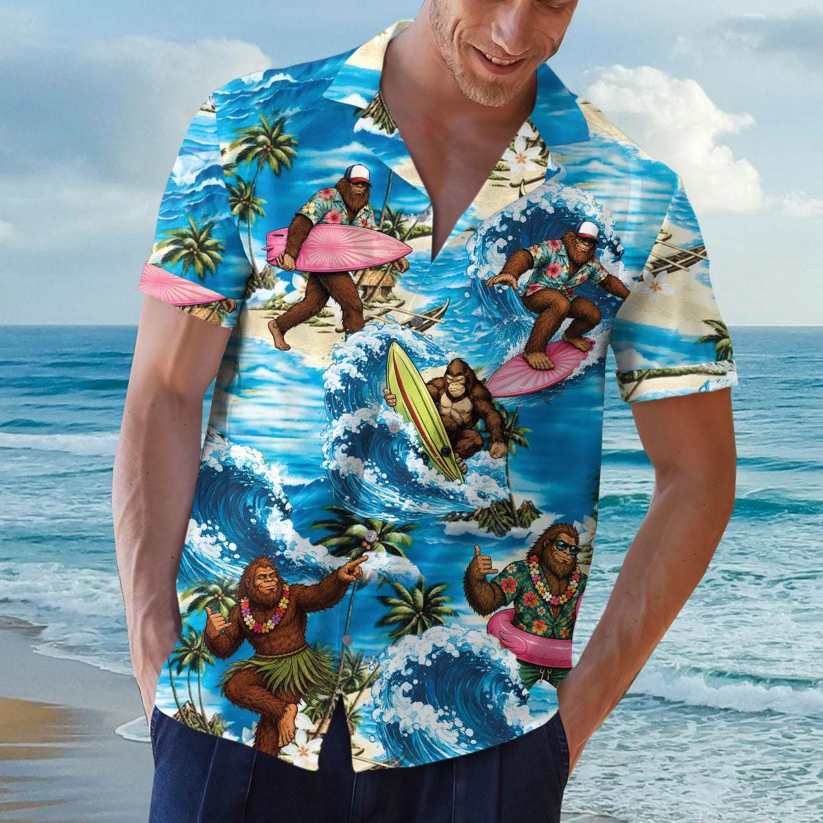 Model wearing a bright tropical surf Hawaiian shirt on a beach