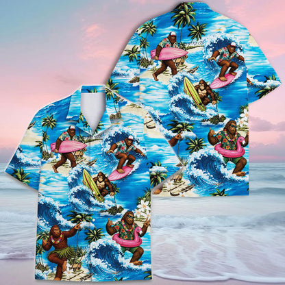 Two views of a vivid island-print Hawaiian shirt with surfers, waves, palm trees, and beach details