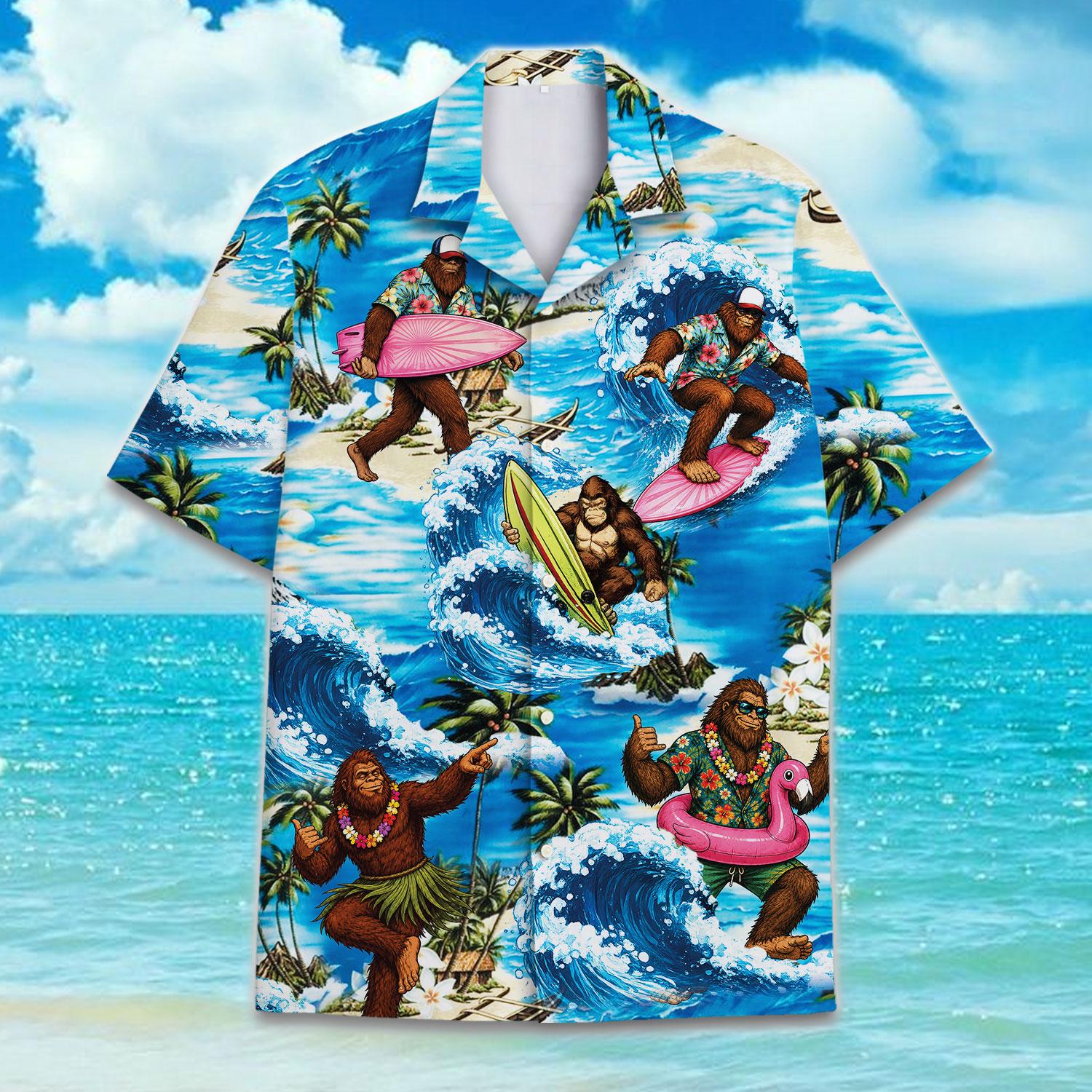 Tropical surf Hawaiian shirt displayed against a bright beach and ocean background