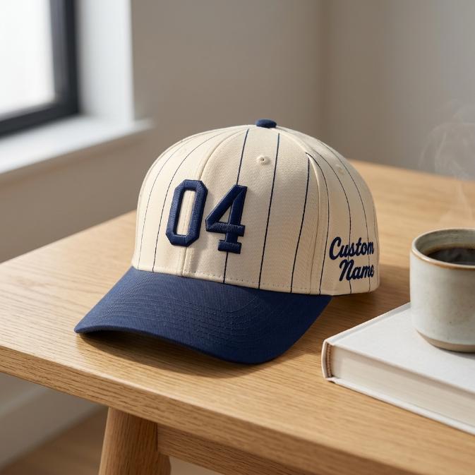Personalized pinstripe baseball hat with navy brim displayed on a wooden table