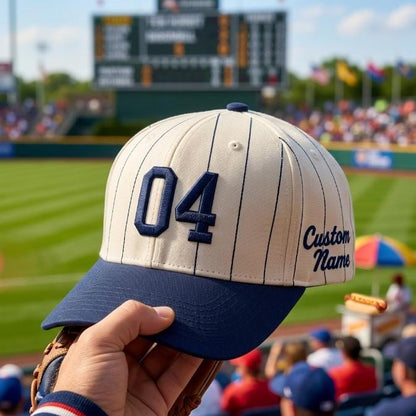 Pinstripe baseball hat with embroidered 04 and custom name detail at a baseball stadium