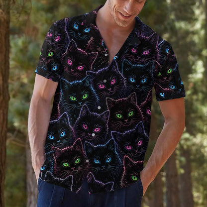 Model wearing the black neon cat Hawaiian shirt outdoors