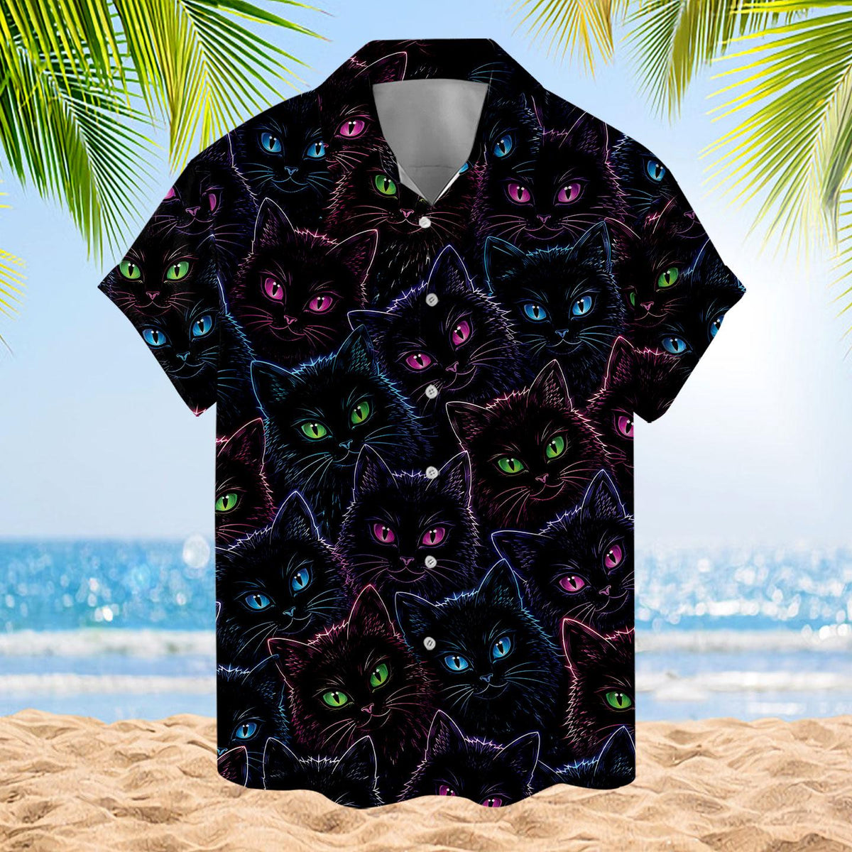 Front view of a black cat print Hawaiian shirt on a beach background
