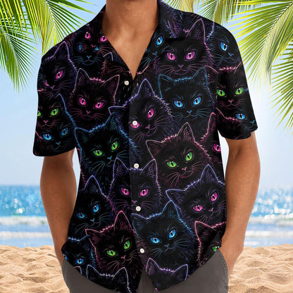 Model wearing the cat print Hawaiian shirt against a tropical beach scene
