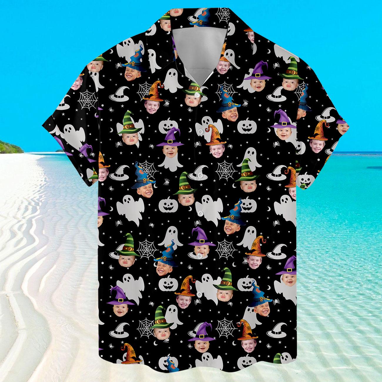 Front view of black Halloween shirt with colorful ghosts and jack-o-lanterns