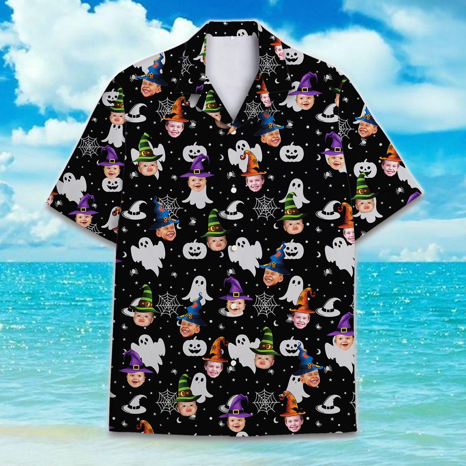 Black Halloween Hawaiian shirt with ghosts, pumpkins, witch hats, and festive faces
