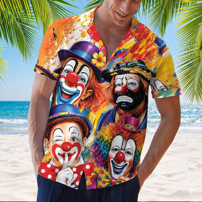 Close view of vibrant clown artwork on a tropical graphic shirt