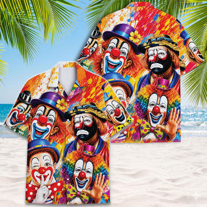 Front view of clown print Hawaiian shirt with vibrant tropical colors