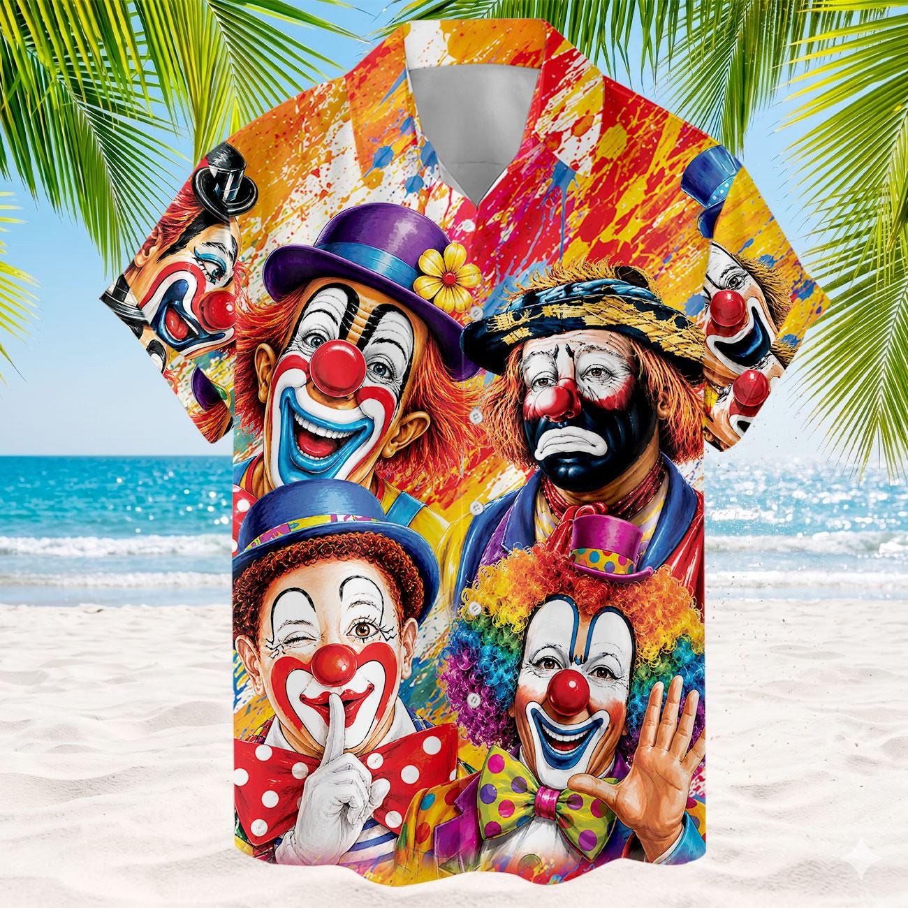 Colorful Hawaiian shirt with four clown portraits and bright paint-splatter artwork