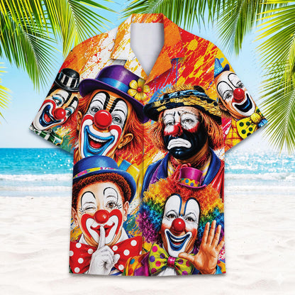 Hawaiian shirt featuring expressive clowns in colorful hats and costumes