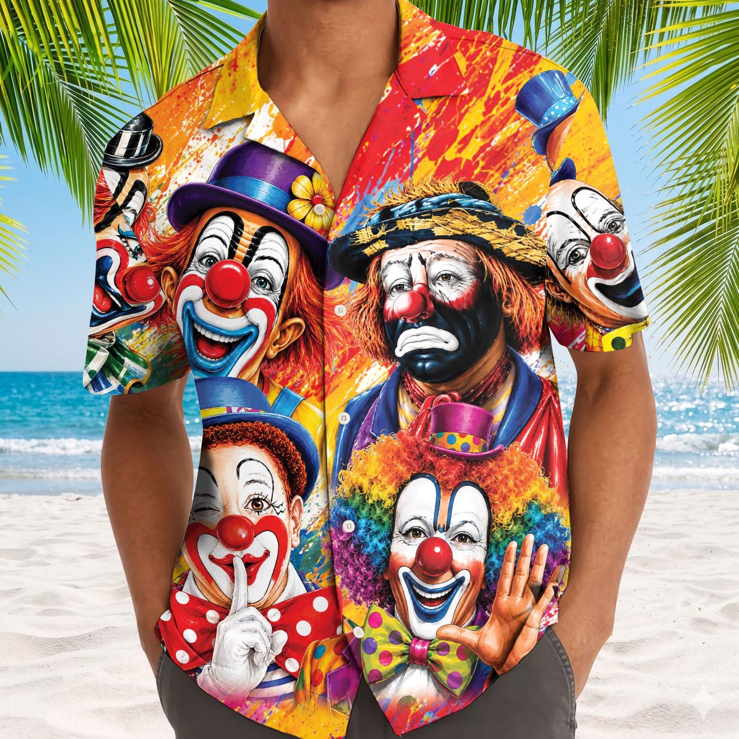 Model wearing a colorful clown Hawaiian shirt with short sleeves and open collar