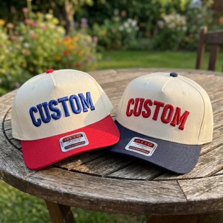 Two custom embroidered trucker caps displayed on an outdoor wooden table