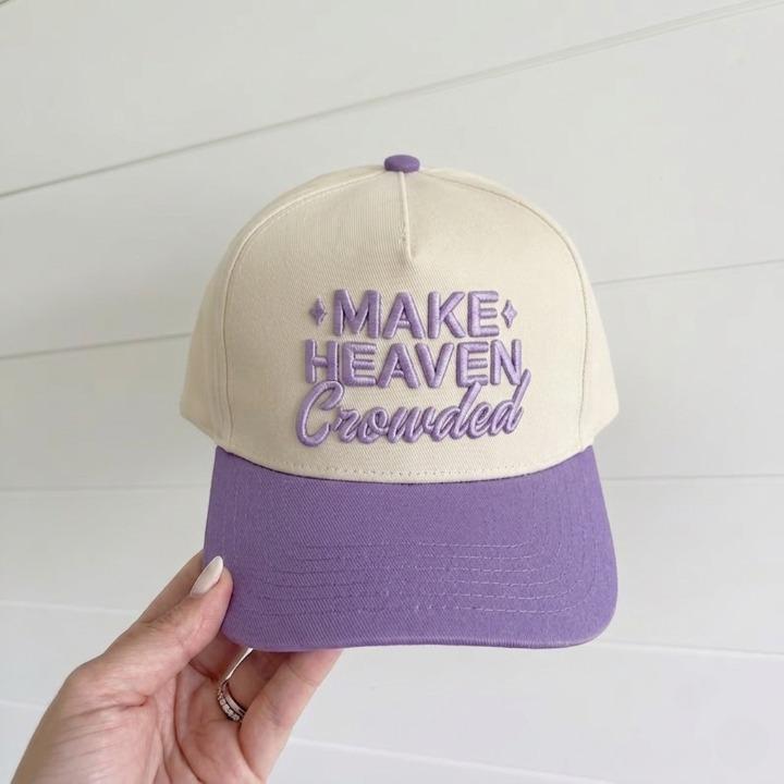 Front view of Make Heaven Crowded embroidered purple brim cap