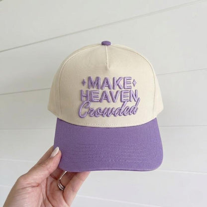 Front view of Make Heaven Crowded embroidered purple brim cap