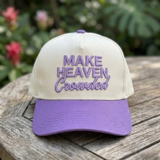 Cream and purple two-tone trucker cap with Make Heaven Crowded embroidery