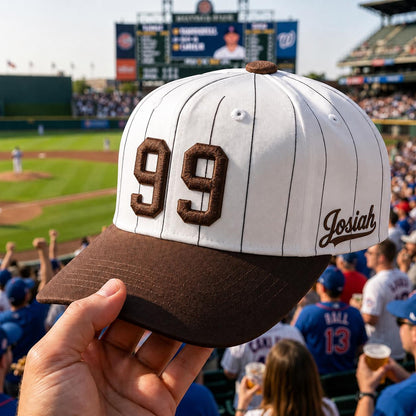 Personalized white pinstripe baseball hat with brown brim, embroidered number 99, and Josiah name detail