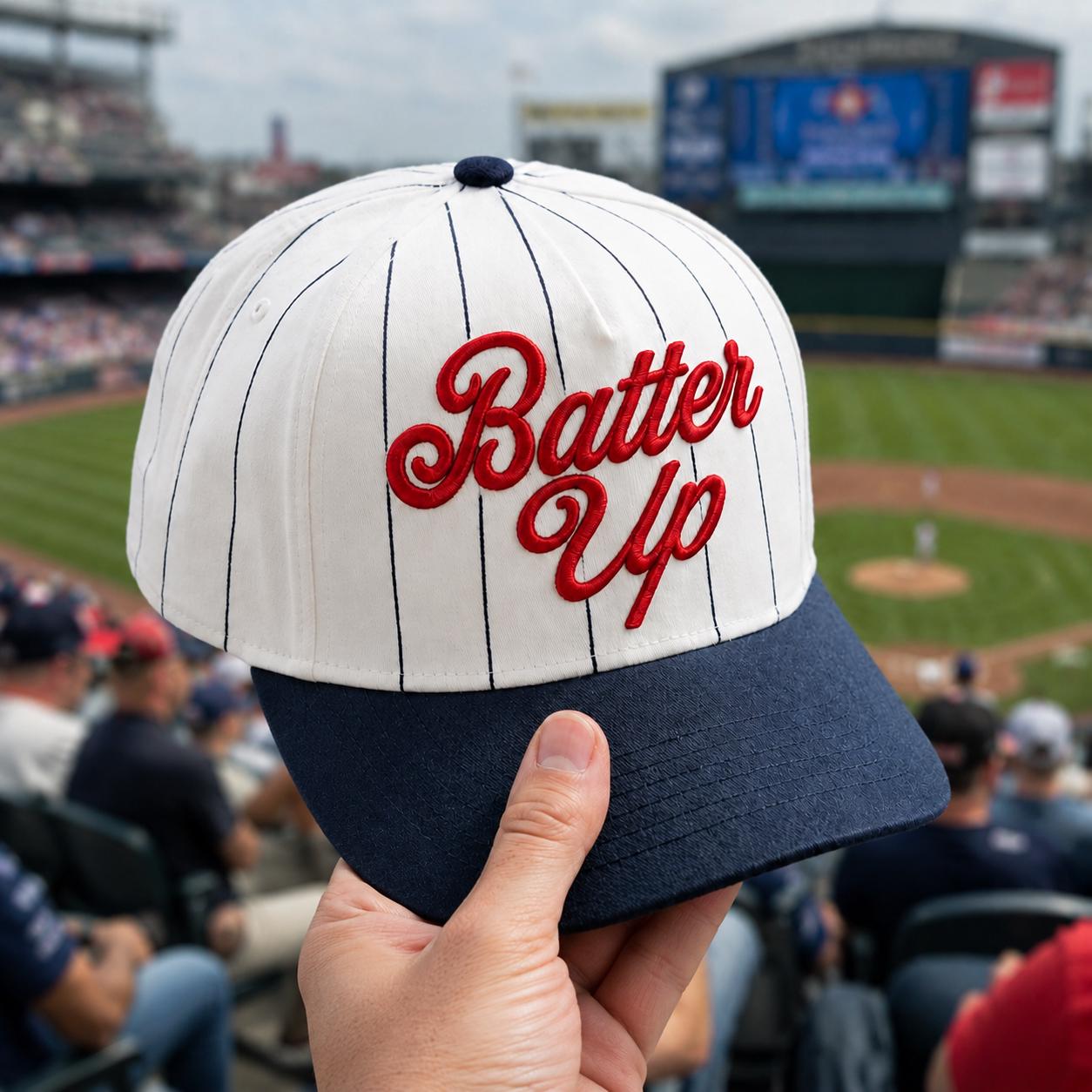 White pinstripe Batter Up baseball hat with red embroidery and navy brim held at a baseball stadium